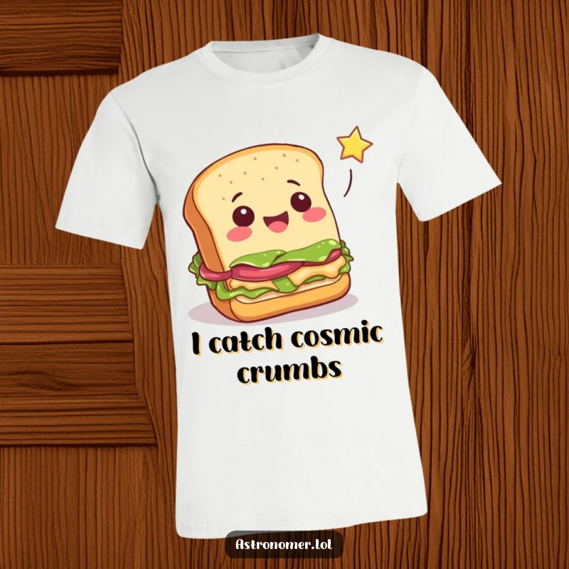 Funny cheerful sandwich attempting to catch a falling star, whimsical food graphic, humorous apparel for lunch lovers.