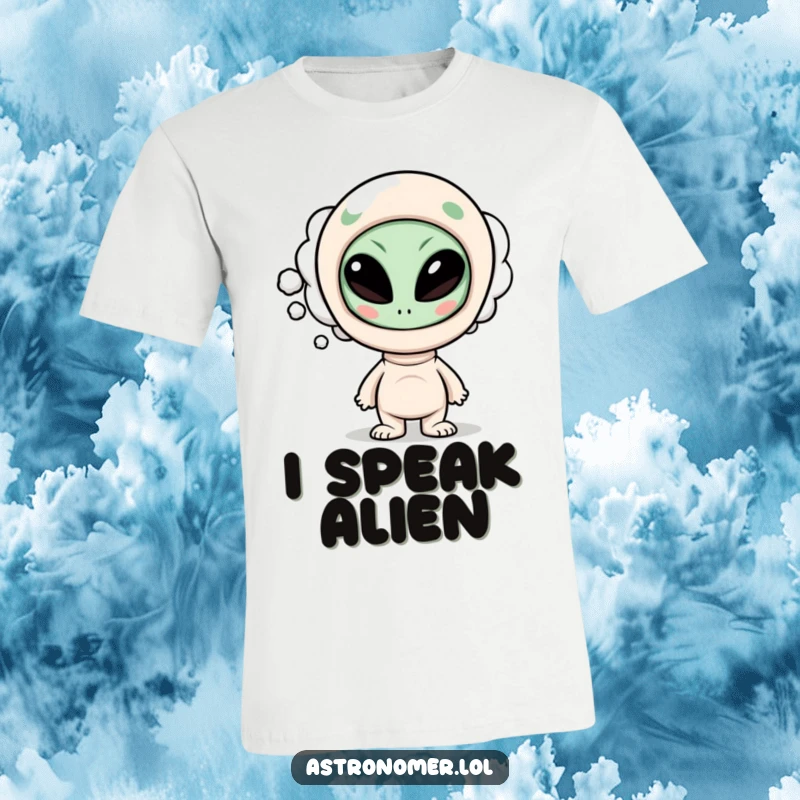 Funny t-shirt showing a curious character with a thought bubble containing a funny, goofy alien face, symbolizing unusual or humorous contemplation.
