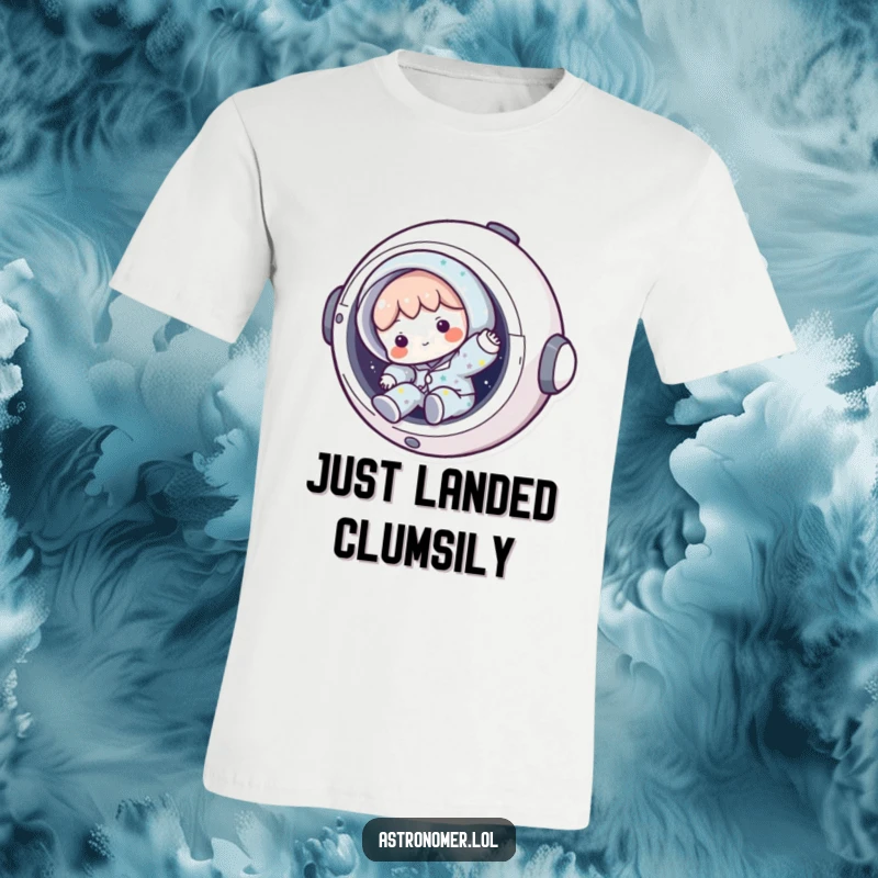 Funny pajama spaceship t-shirt featuring a character tumbling out of a hatch, a humorous gift for sleepy space explorers.