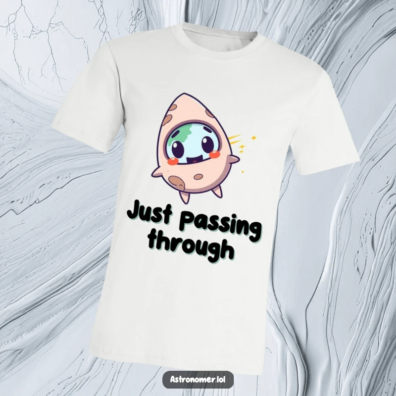 Funny surprised meteorite character with a mischievous grin, streaking past planet Earth, humorous t-shirt.