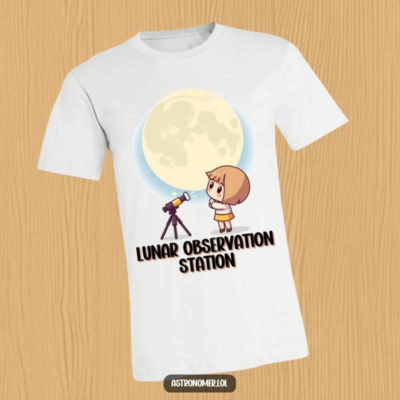 Funny Kawaii astronomer t-shirt featuring a curious character peering at a giant, surprised moon, designed for humorous celestial observation.