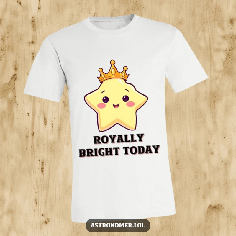 Funny t-shirt showcasing a joyful star character adorned with a majestic crown, radiating bright light and happiness.