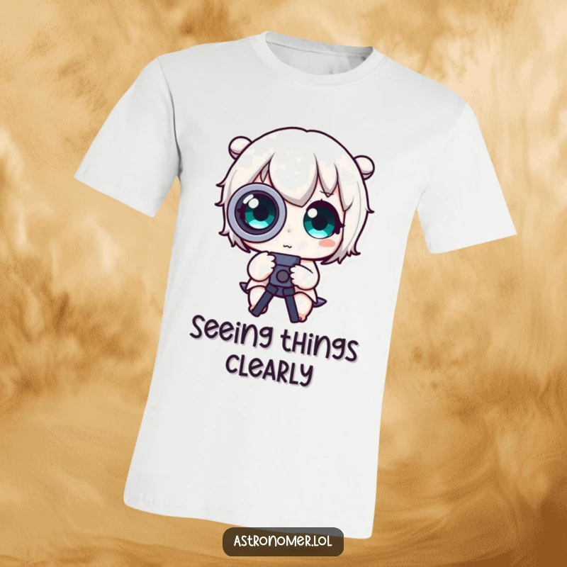 Funny T-Shirt: A cute character with comically oversized eyes peers through a telescope, expressing wonder and humor.