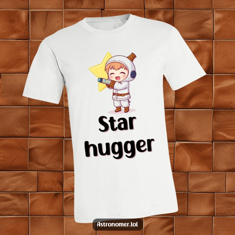 Funny Kawaii astronomer character hugging an enormous, radiant star, showcasing pure delight on this t-shirt.