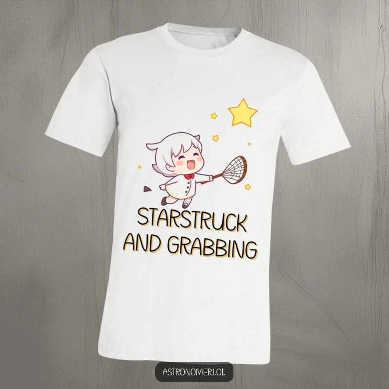 Funny T-shirt depicting a character gleefully running with a net, attempting to catch a bright shooting star in a cosmic chase.