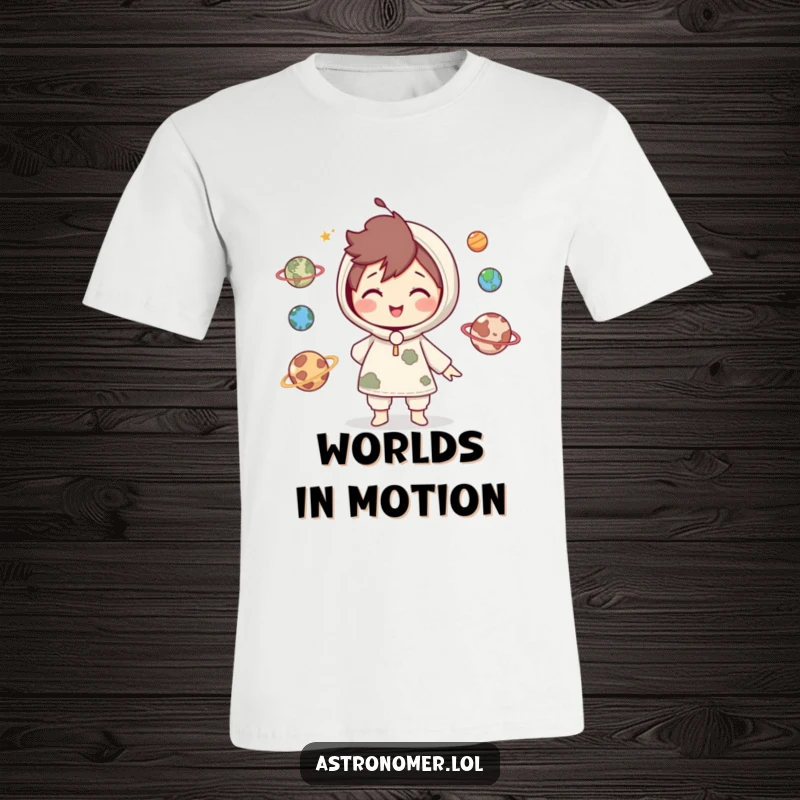 Funny T-Shirt: A cute character smiles while playfully juggling miniature planets, symbolizing skill, balance, and cosmic fun.