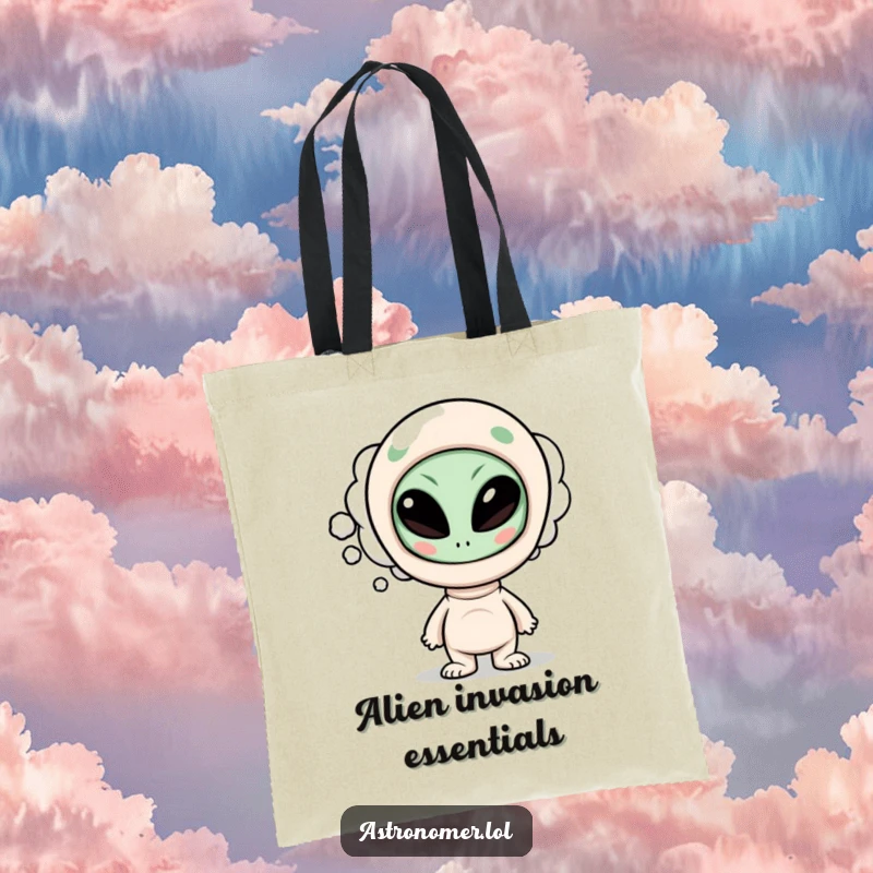 Funny tote bag with a curious character’s thought bubble displaying a funny alien face, representing quirky and humorous contemplation.