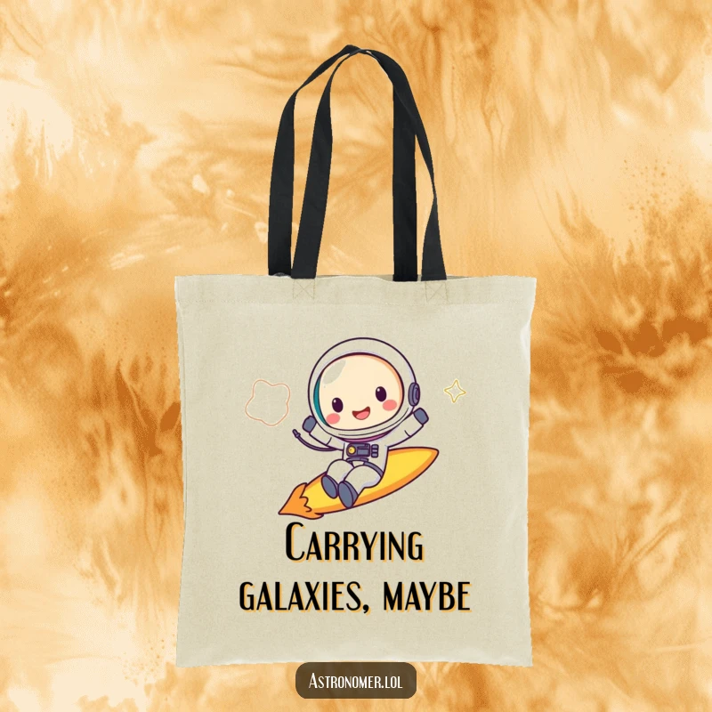 Funny Tote Bag: A joyful astronaut grins while riding a comet, perfect for carrying essentials in style.