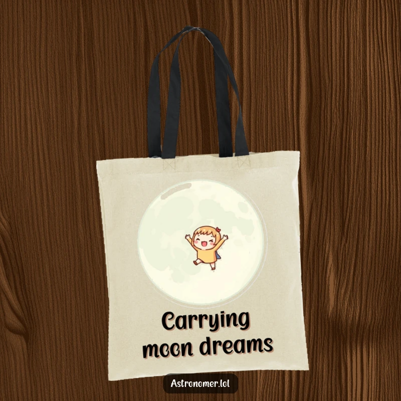 Funny tote bag with a character excitedly orbiting a large moon with tiny outstretched arms, symbolizing a love for lunar exploration.