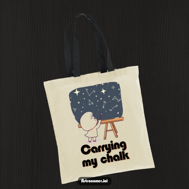 Funny Tote Bag: A cute character excitedly draws constellations on a space chalkboard, ready for artistic endeavors.