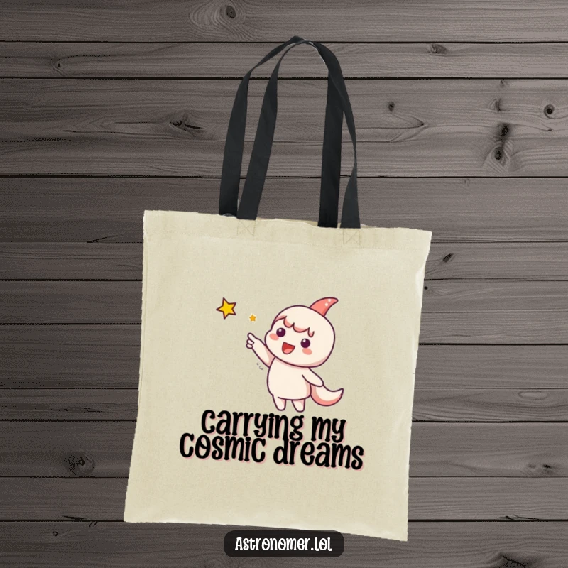 Funny Tote Bag: Cute character excitedly points a finger towards a distant, twinkling star, suggesting a journey of discovery and aspiration.