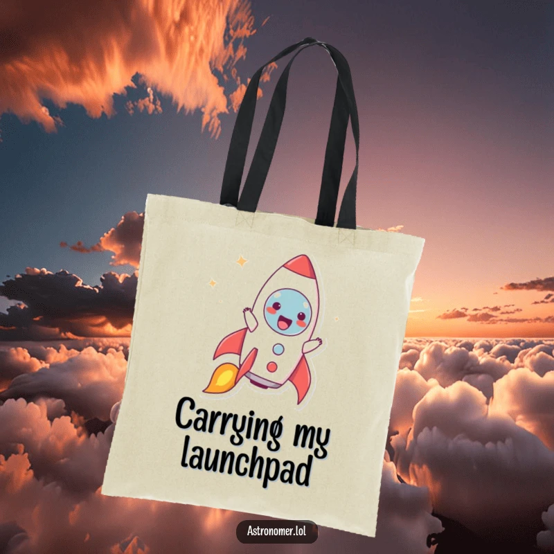 Funny tote bag with a character joyfully pretending to be a rocket ship blasting off, radiating pure excitement.