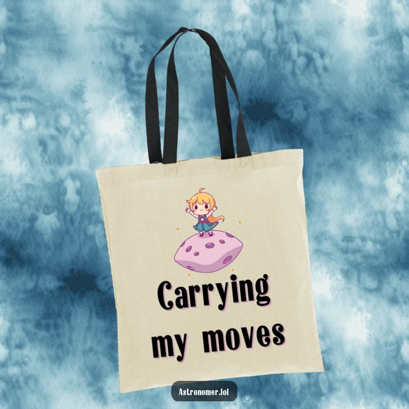 Funny tote bag featuring a character happily dancing on a floating asteroid, perfect for carrying daily items with flair.
