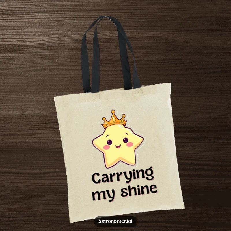 Funny tote bag depicting a happy star creature with a crown, shining brilliantly, a stylish accessory for space lovers.