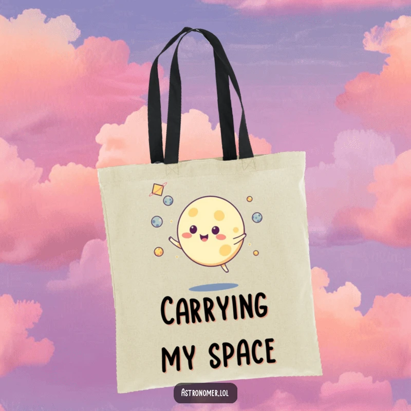 Funny tote bag showing a cheerful moon character juggling multiple small asteroids with impressive skill, a delightful space accessory.