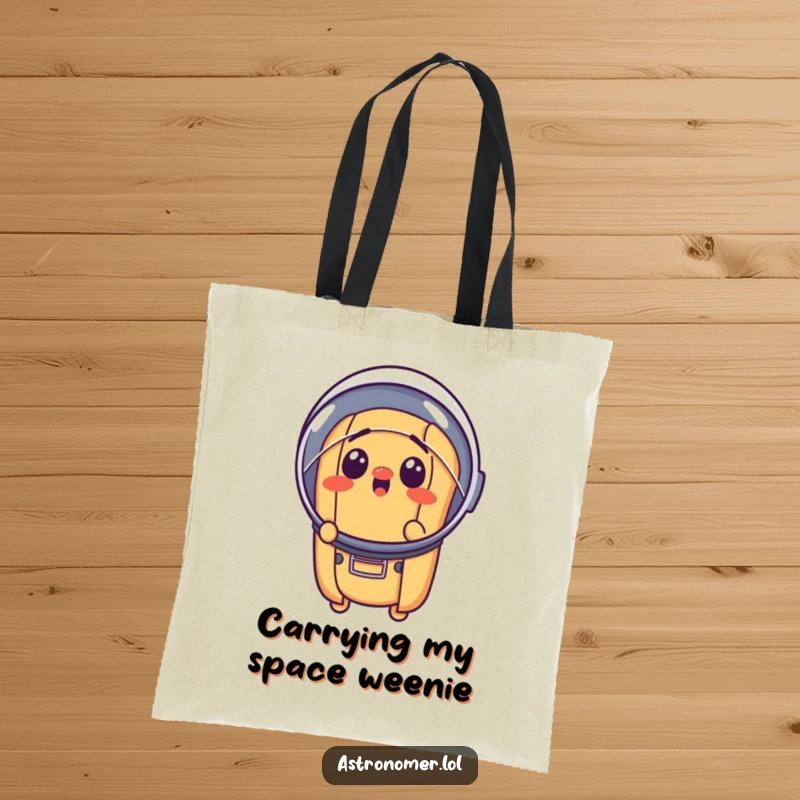 Funny surprised hot dog wearing a tiny astronaut helmet, practical and amusing space tote bag, gift for food lovers.