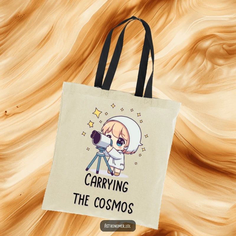 Funny tote bag with a character looking through a telescope, stars circling their head, symbolizing a love for astronomy.