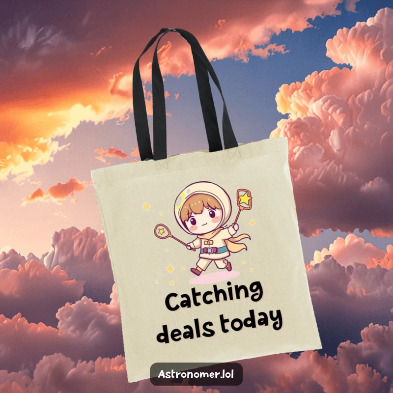 Funny Kawaii astronomer tote bag showing a playful character chasing a shooting star with a net, ideal for humorous everyday adventures.