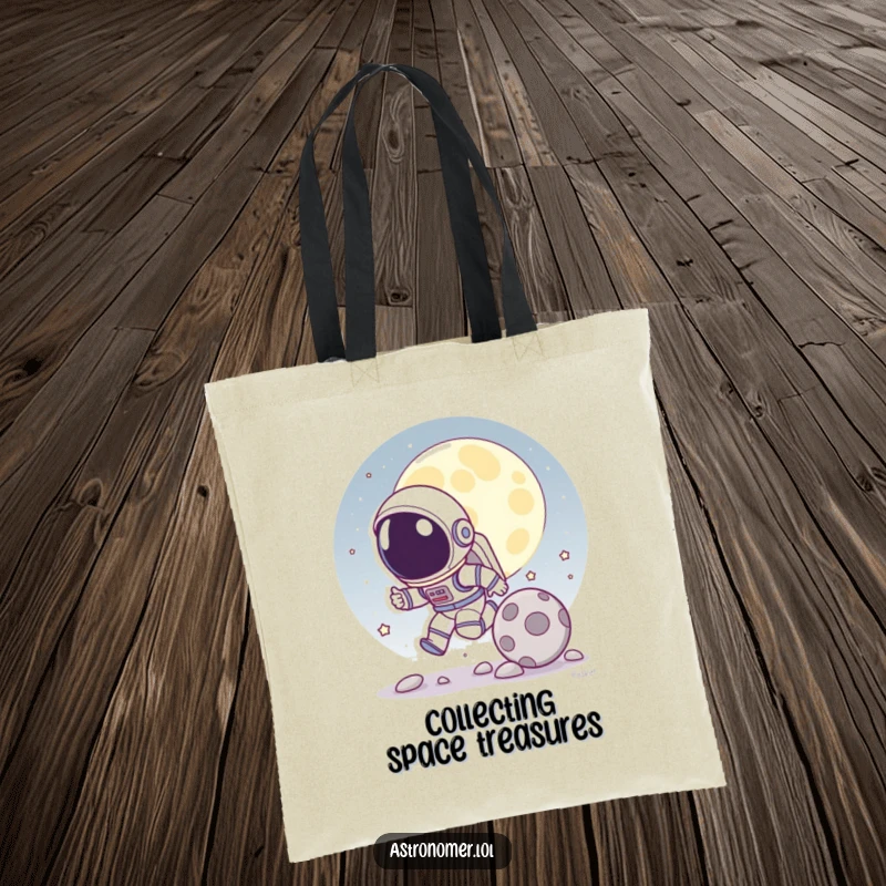 Funny tote bag showing a cartoon astronaut playfully chasing a rolling moon rock, great for carrying items with a smile.