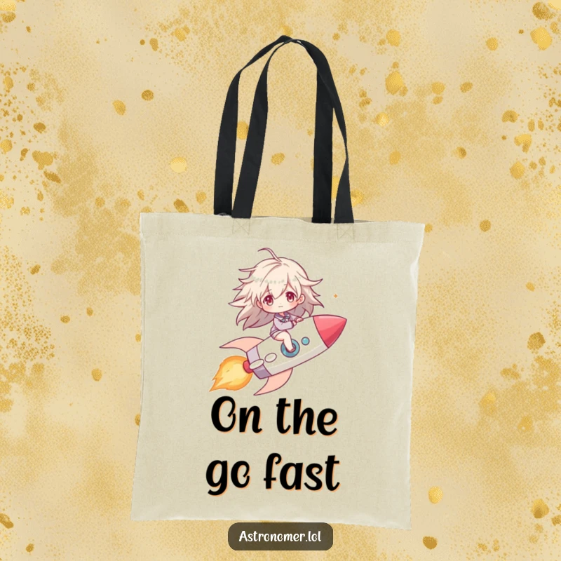 Funny tote bag showing a character riding a comet like a rocket, hair flying wildly, ready for any cosmic voyage.