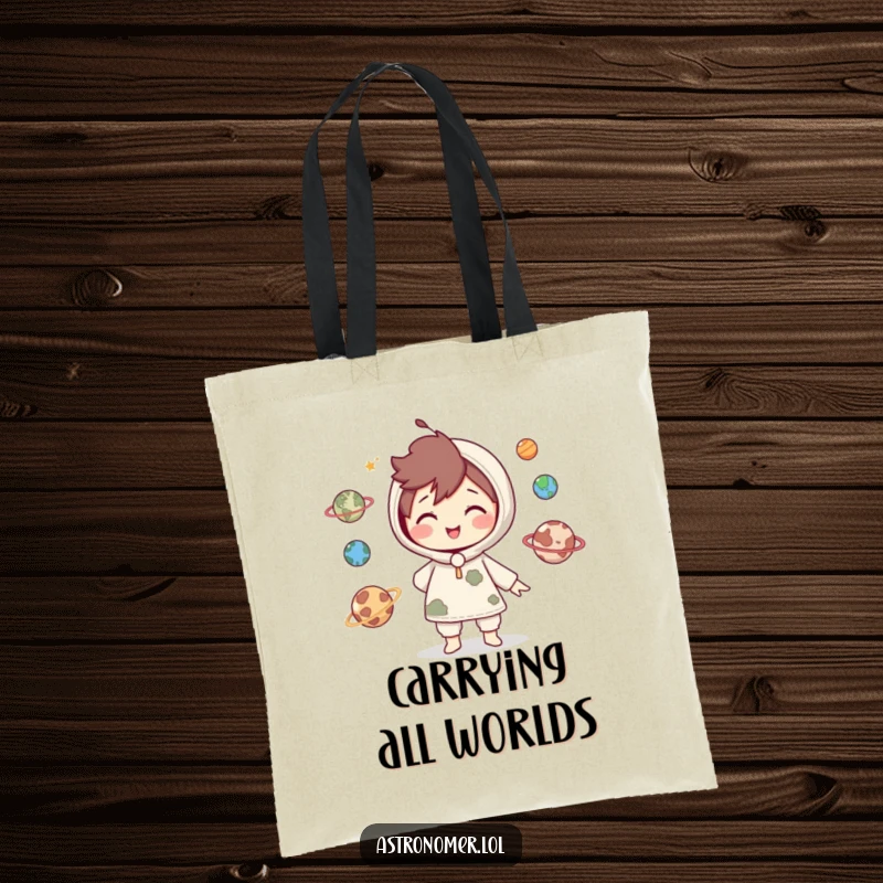 Funny Tote Bag: Cute character smiles while juggling miniature planets, symbolizing balance, skill, and playful control over their universe.