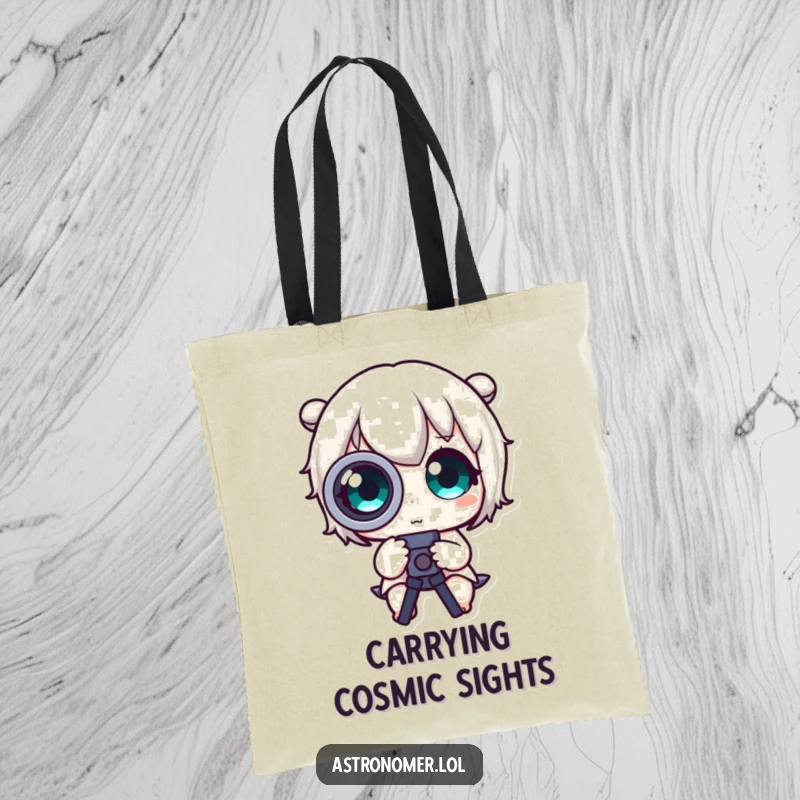 Funny Tote Bag: A cute character with incredibly wide eyes uses a telescope, perfect for carrying groceries or dreams.