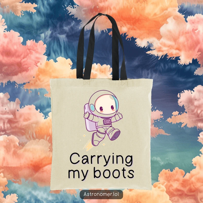Funny Tote Bag: A cute character wearing enormous astronaut boots takes a comically giant leap, perfect for carrying treasures.