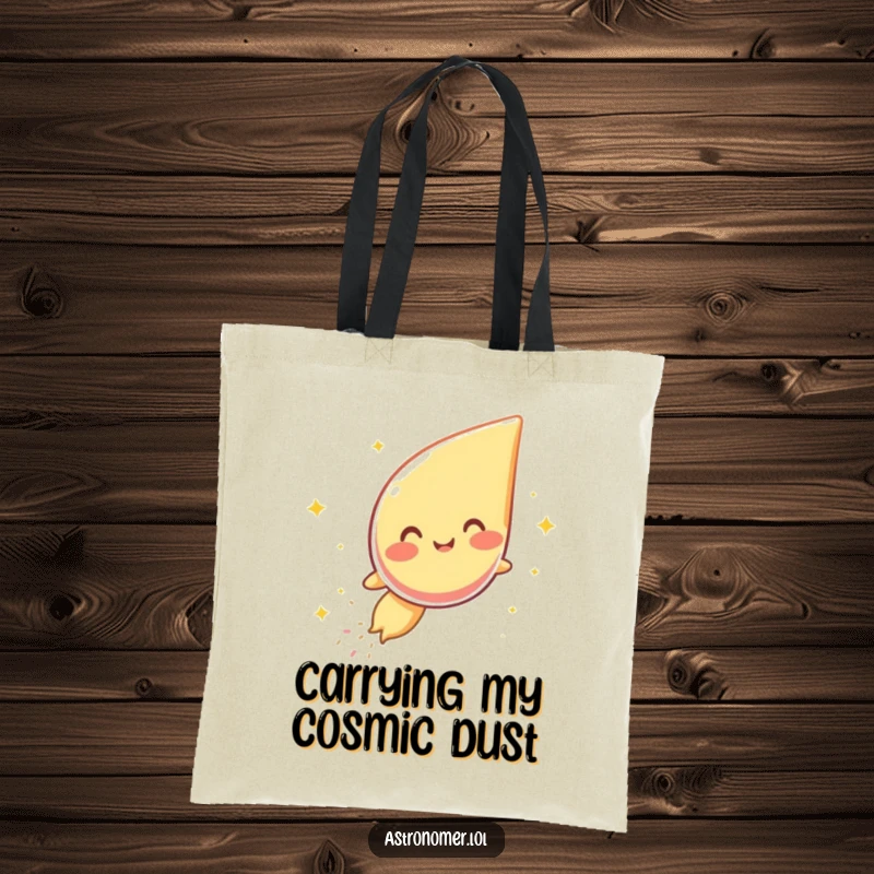 Funny tote bag depicting a happy comet character giggling as it zooms across the sky, leaving a trail of glittery dust.