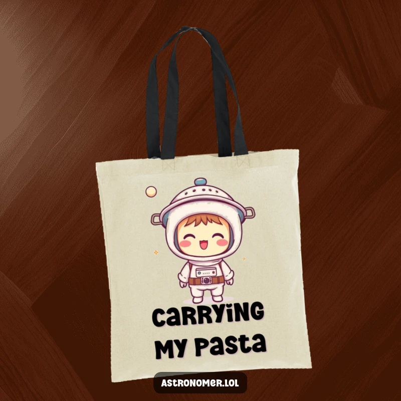 Funny Kawaii astronomer tote bag showing a giggling character wearing a colander as a helmet, ideal for humorous everyday use.