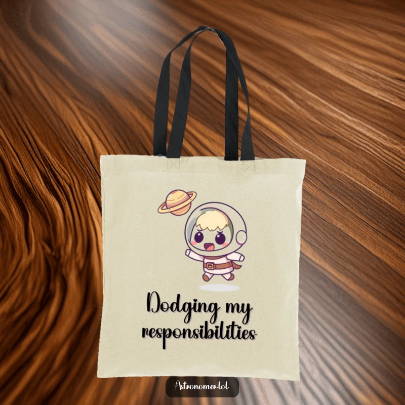Funny Kawaii astronomer tote bag showing a startled character narrowly avoiding a tiny, flying planet, ideal for humorous everyday use.
