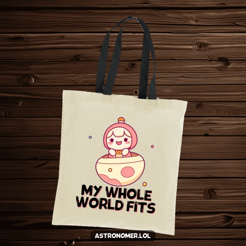 Funny Tote Bag: A cute kawaii character joyfully floats on a planet, enjoying a whimsical boat ride through the starry expanse.