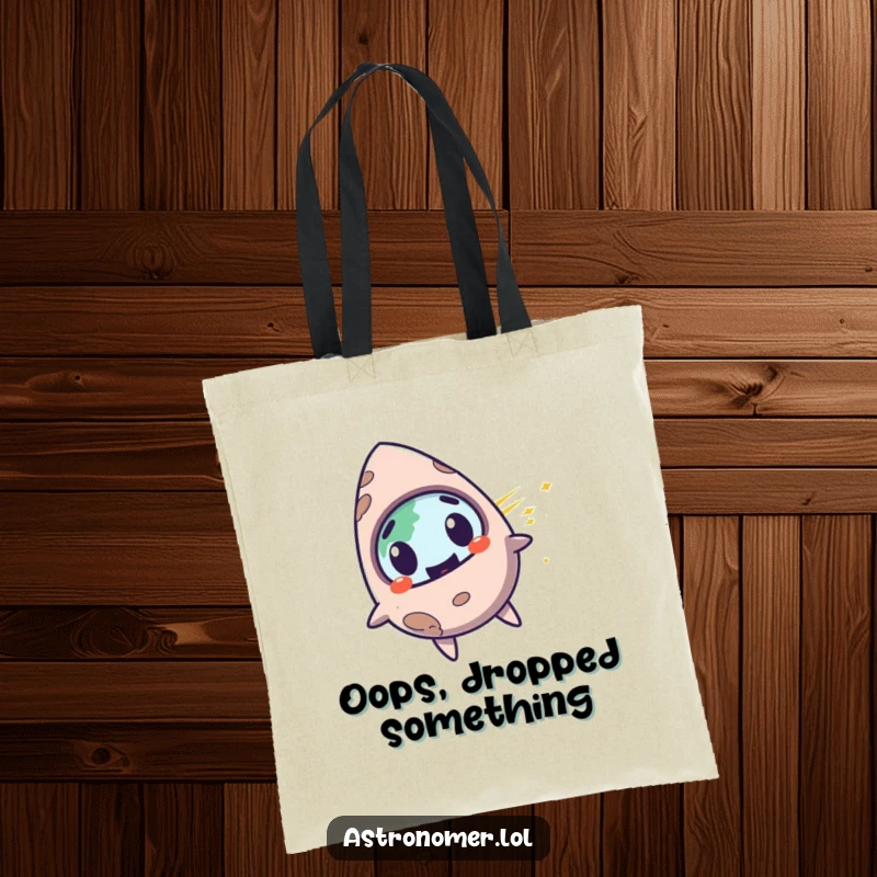 Funny surprised meteorite character with a mischievous grin, zooming past planet Earth, humorous tote bag.