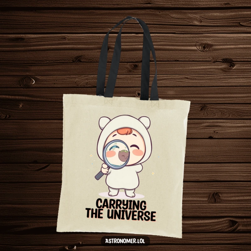 Funny tote bag depicting a delighted character using a magnifying glass to look closely at a tiny planet, celebrating curiosity and humor.