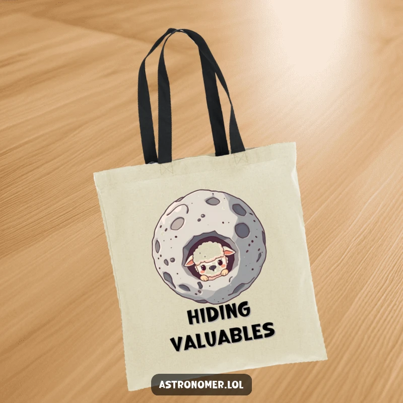 Funny tote bag showing a sheepish creature peeking from behind a large asteroid, a humorous and charming accessory.
