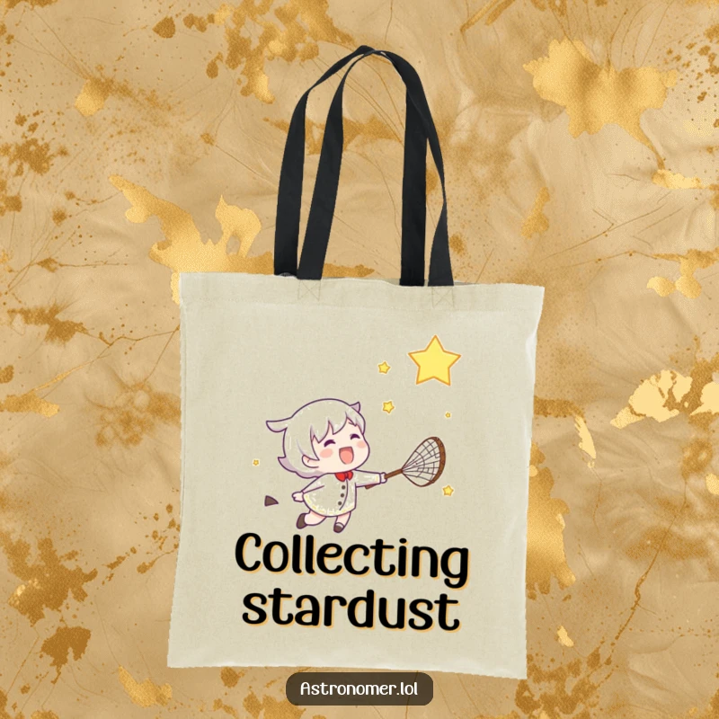 Funny tote bag illustrating a gleeful character joyfully pursuing a shooting star with a net, ready to capture dreams.