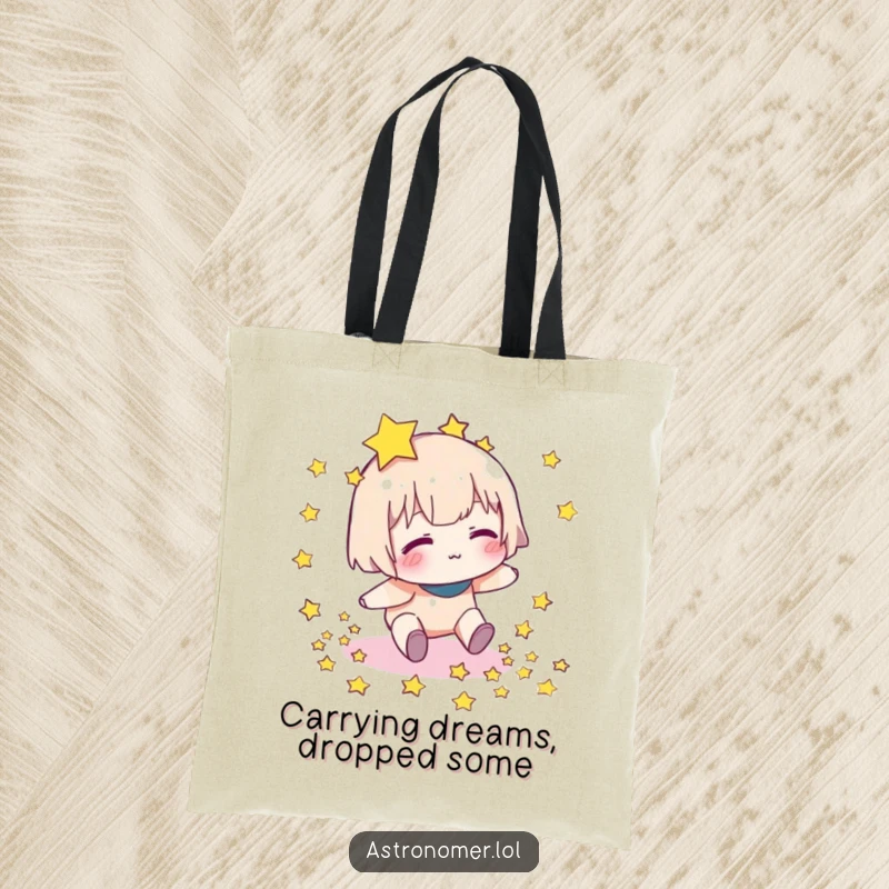 Funny tote bag illustrating a character stumbling and dropping a shower of stars, a humorous accessory for carrying essentials.