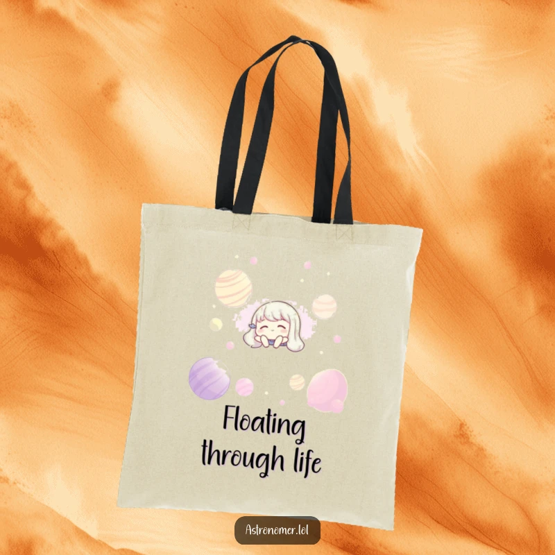 Funny tote bag with a character floating peacefully among glowing planets, symbolizing a calm journey through space.