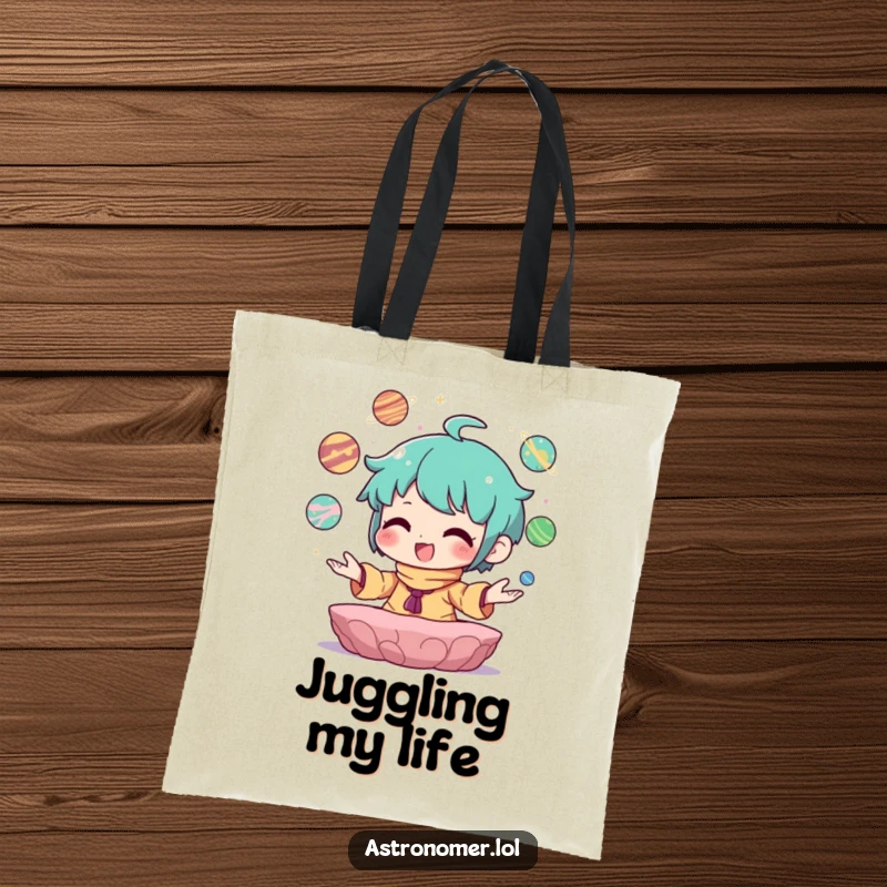 Funny Tote Bag with a character demonstrating pure joy while juggling tiny planets, symbolizing control and fun.