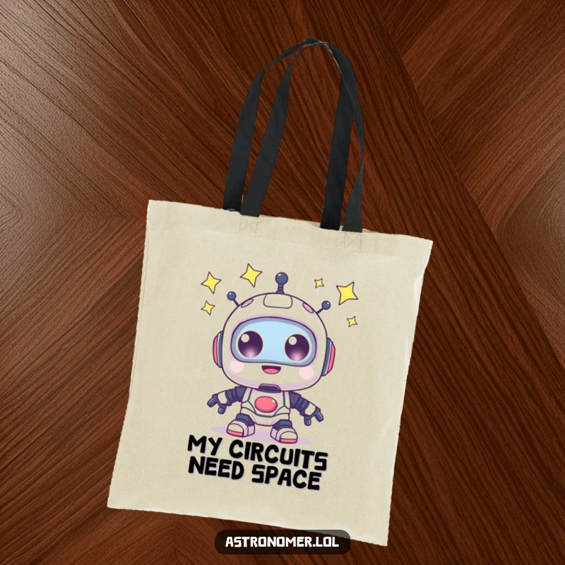 Funny Tote Bag: A happy robot with sparkling eyes gazes at the stars, perfect for carrying daily items.
