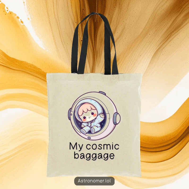 Funny spaceship tote bag with a character in starry pajamas tumbling out, a humorous and practical gift for adventurers.